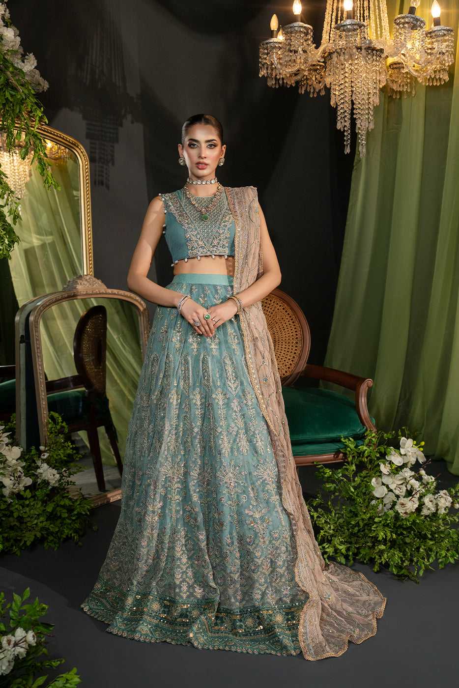 Powder Green 3-Piece Embroidered Organza Lehenga Dress SilkMotif Powder Green 3-Piece Embroidered Organza Lehenga Dress SilkMotif