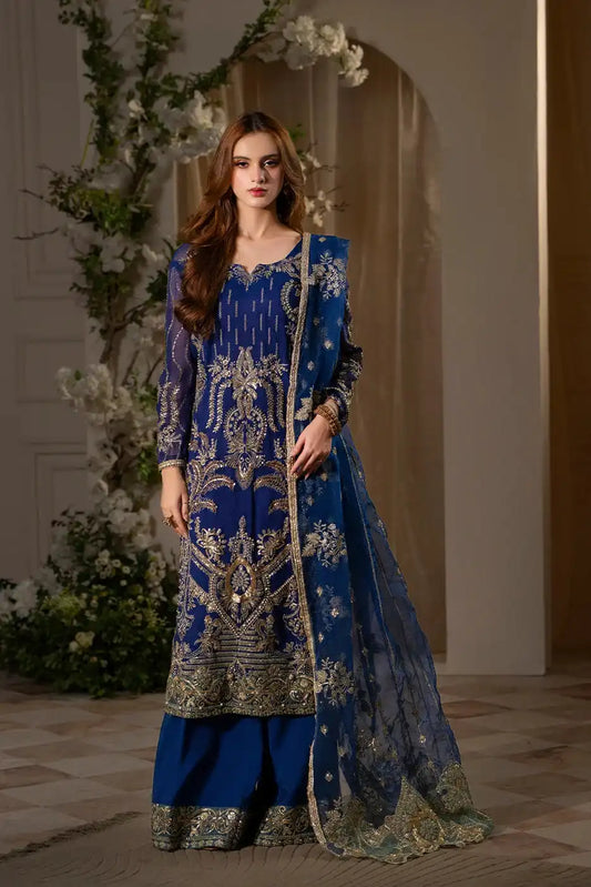 Saphire – Royal Blue Cotton Net 3-Piece Embroidered Suit