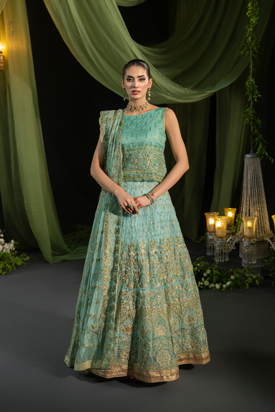 GOLD MESH – C Green Embroidered Net Semi-Formal Lehnga Set - SilkMotif
