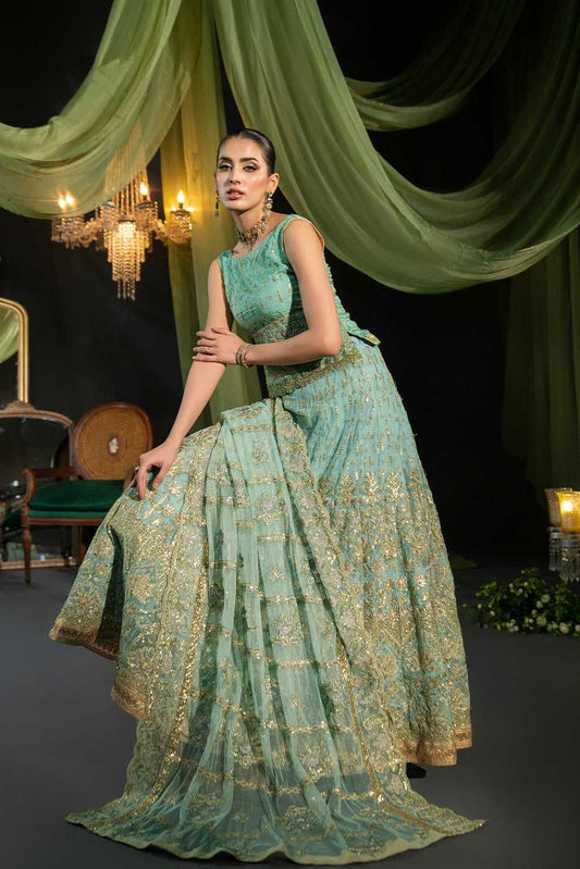 GOLD MESH – C Green Net Semi-Formal Lehnga Set - SilkMotif