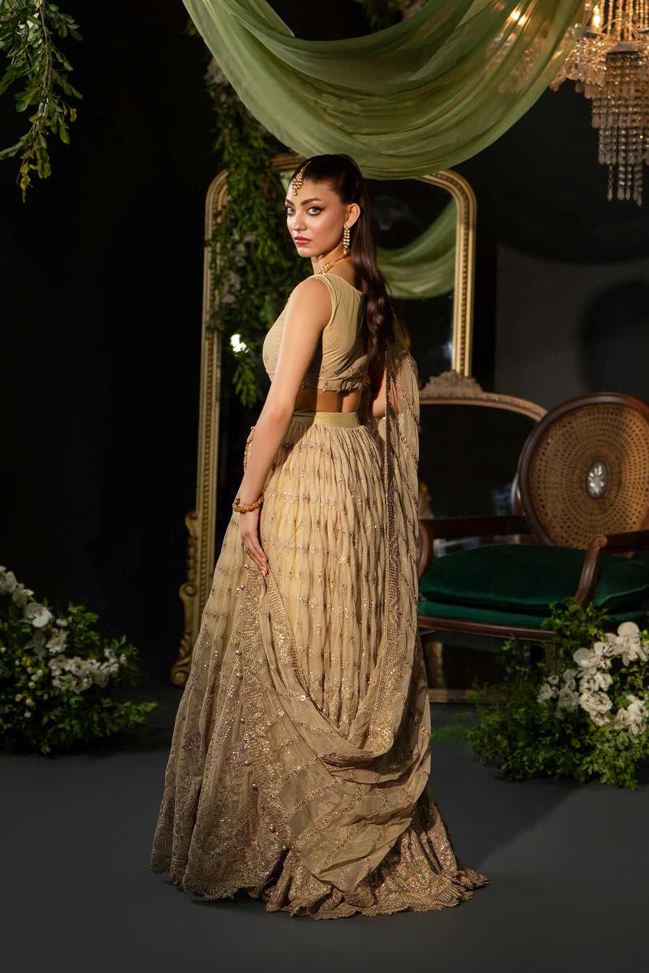 GRACE – Beige Embroidered Net Lehnga Dress - SilkMotif