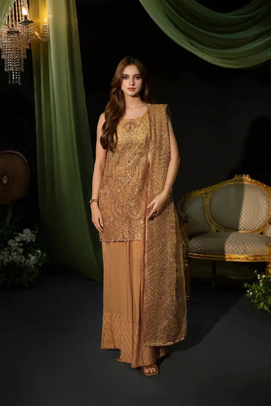 Golden Petal – Embroidered Organza Suit for Women