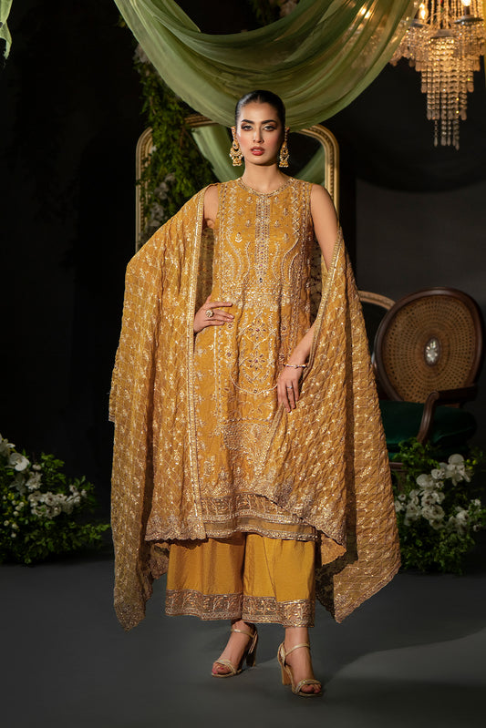 M. Pearl – Mustard Yellow Cotton Net Embroidered Suit - SilkMotif