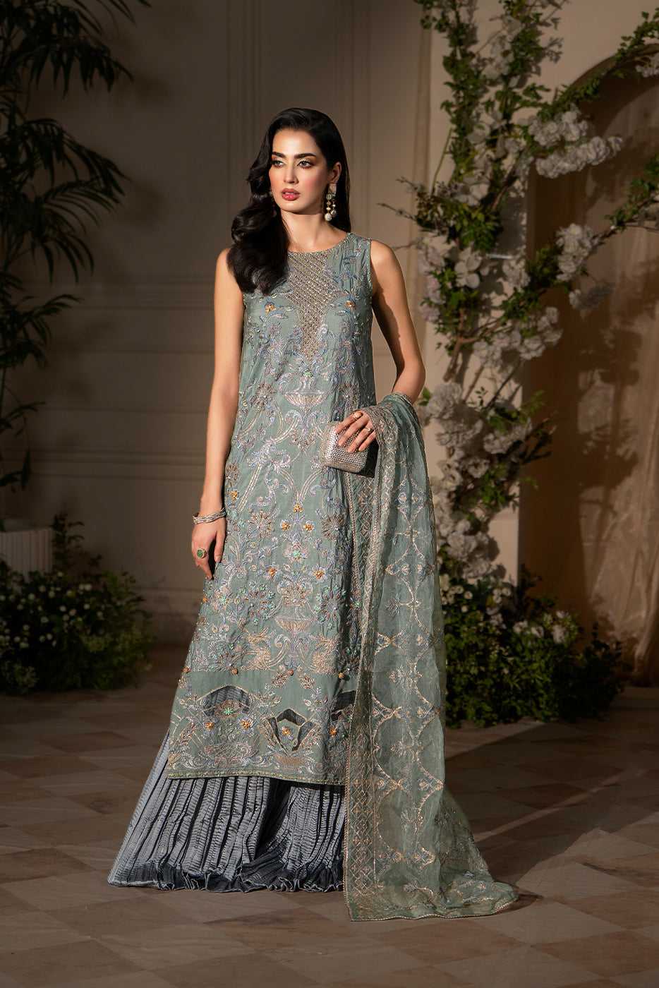 SHINE – Grey Raw Silk Embroidered Semi-Formal 3-Piece Suit - SilkMotif