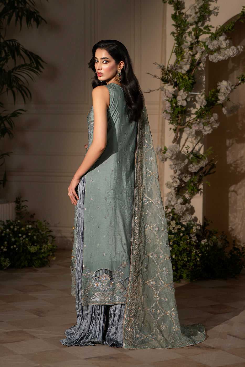 SHINE – Grey Raw Silk Embroidered Semi-Formal 3-Piece Suit- SilkMotif
