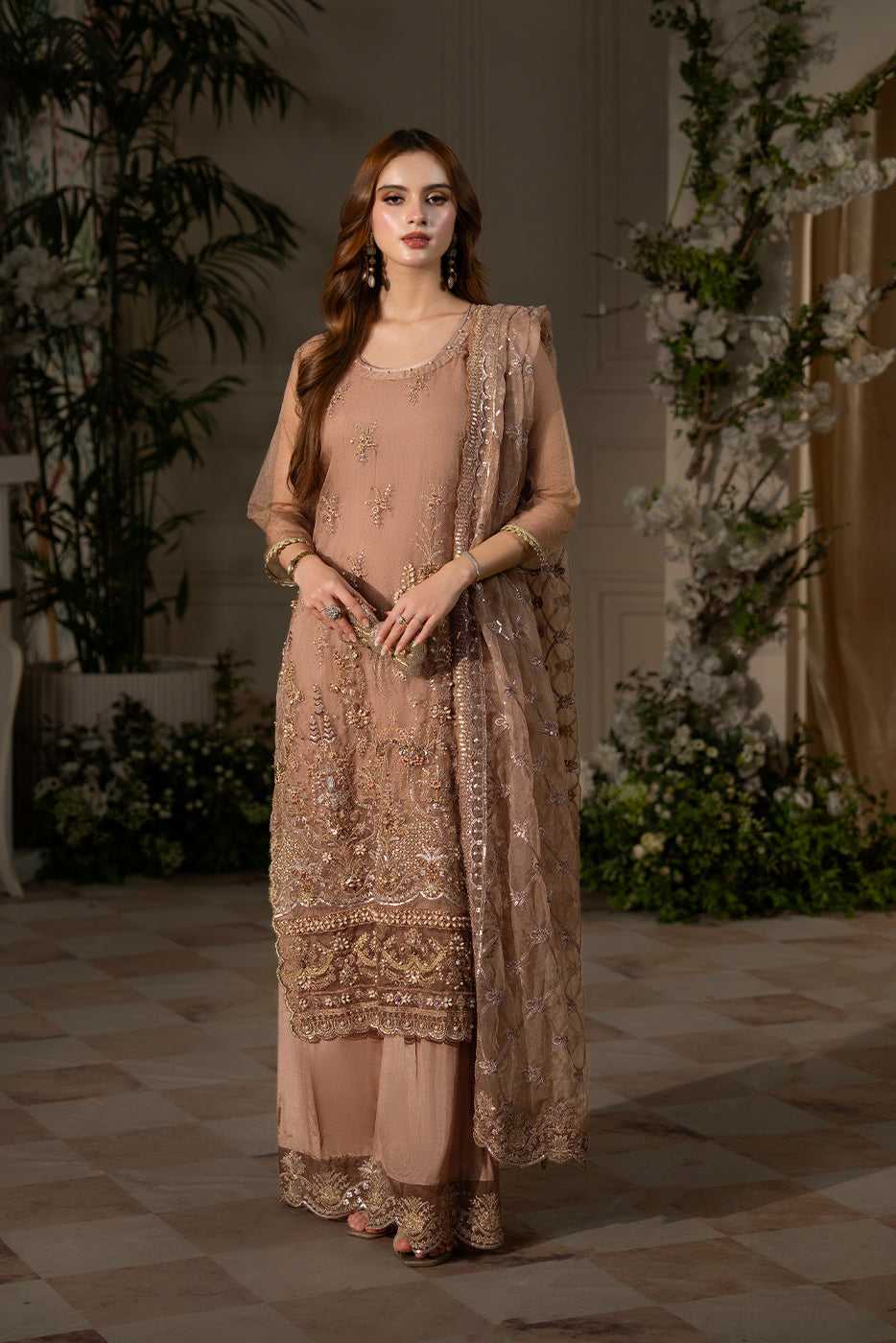 Serene – Mink Organza Embroidered 3-Piece Suit - SilkMotif