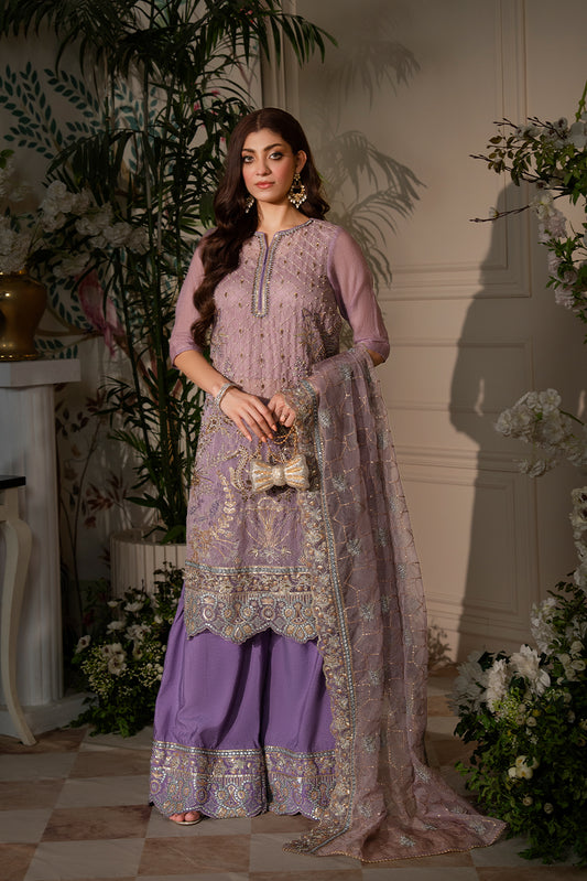 Silk Whisper – Lilac Cotton Net 3-Piece Embroidered Suit - SilkMotif